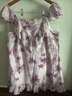 And Now This Purple Floral Print Mini Dress with Lace Trim and Ruffle Hem